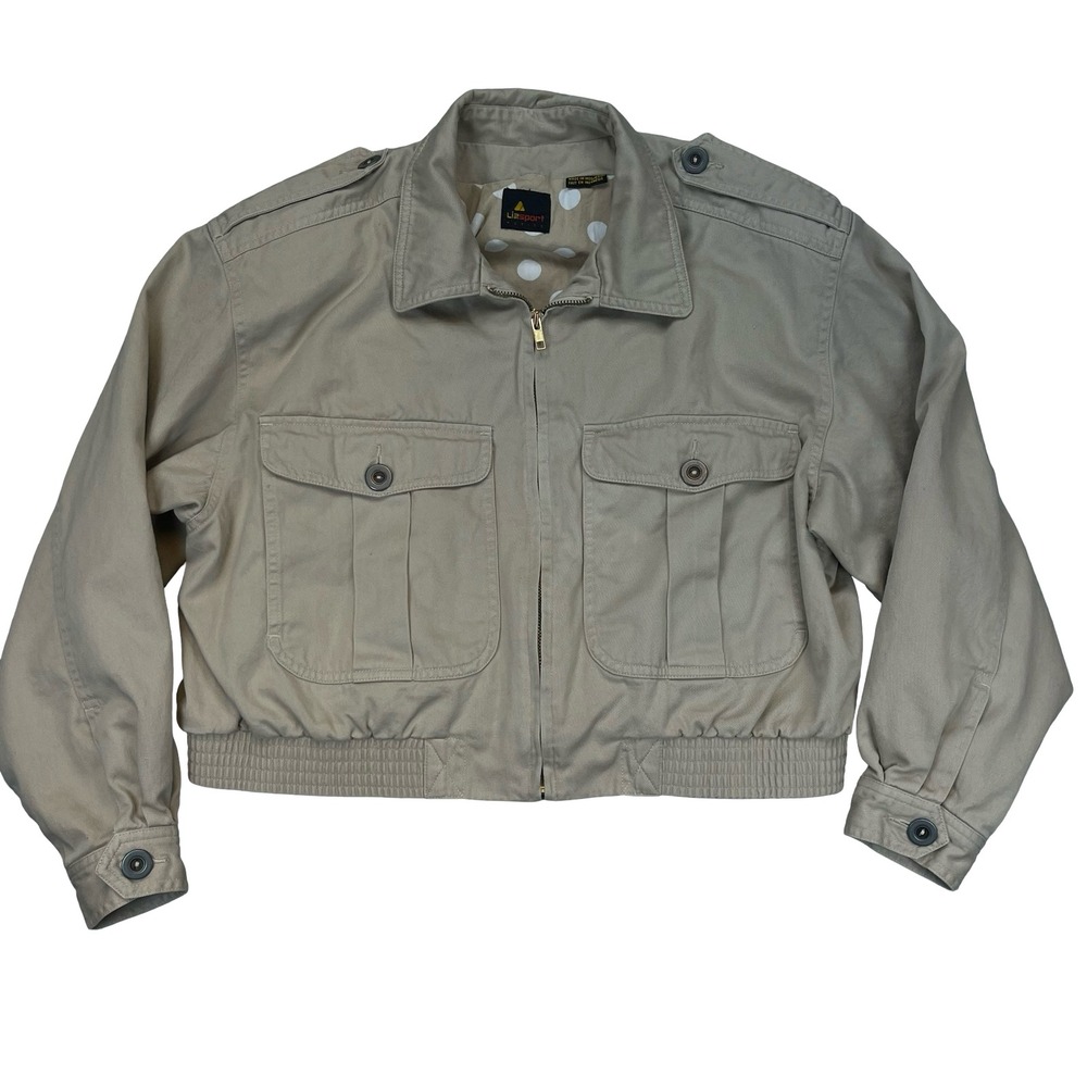 Lizsport‎ Vintage Women Jacket Khaki Tan Cotton Utility Bomber Epaulets Petite L